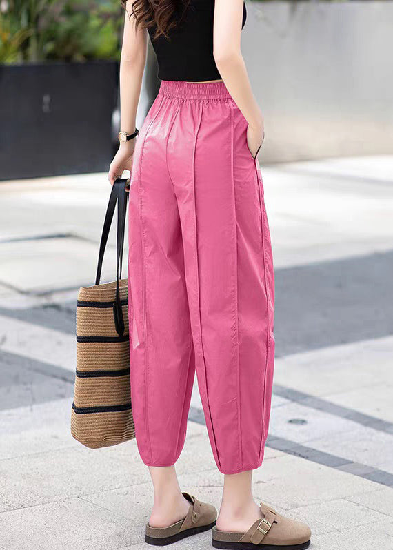 Rose Pockets Elastic Waist Solid Cotton Crop Pants Wrinkled