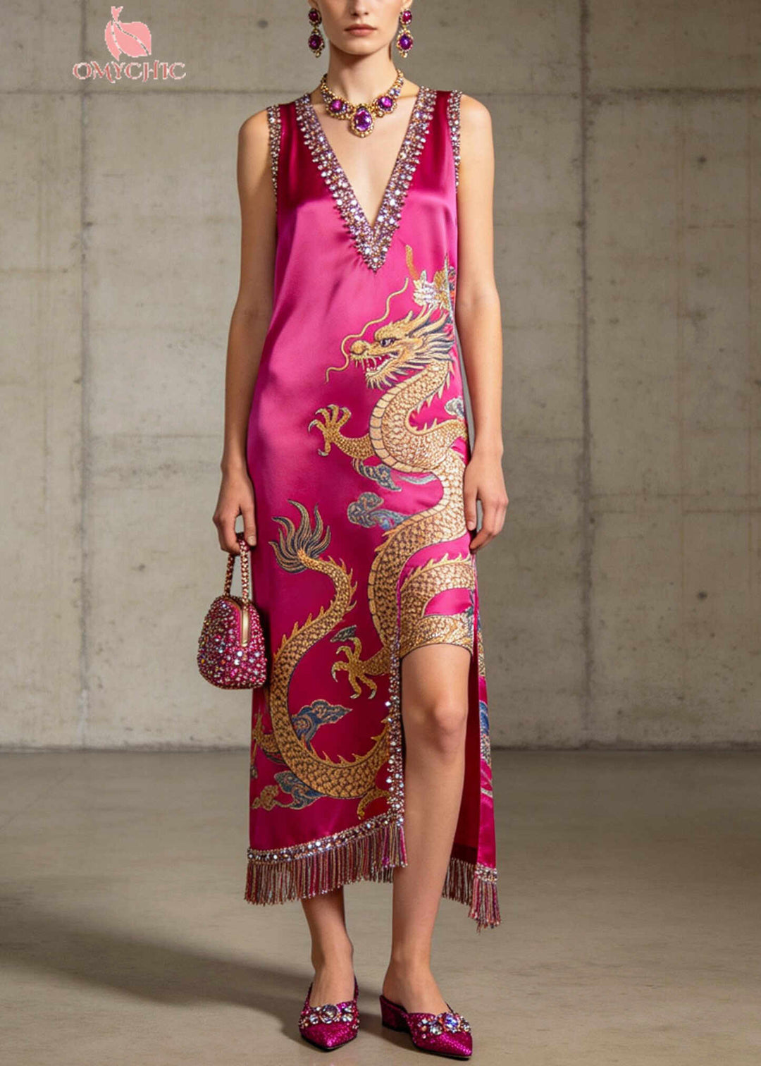 Rose Sequins Silk Holiday Dress Tasseled Asymmetrical Design Summer