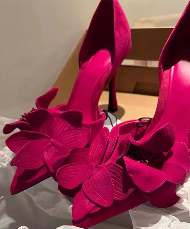 Rose Suede Floral Splicing Chic High Heels Pointed Toe