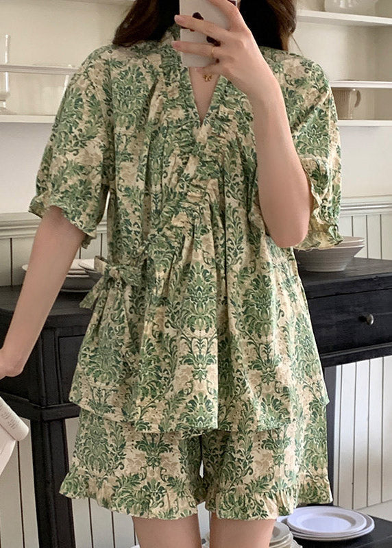Ruffled Green Patchwork Tie Waist Pajama Sets