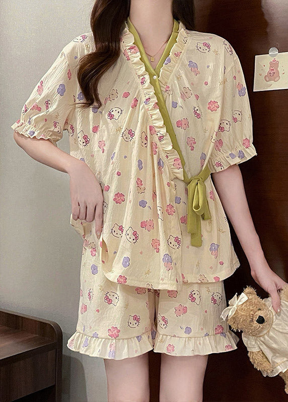 Ruffled Green Patchwork Tie Waist Pajama Sets