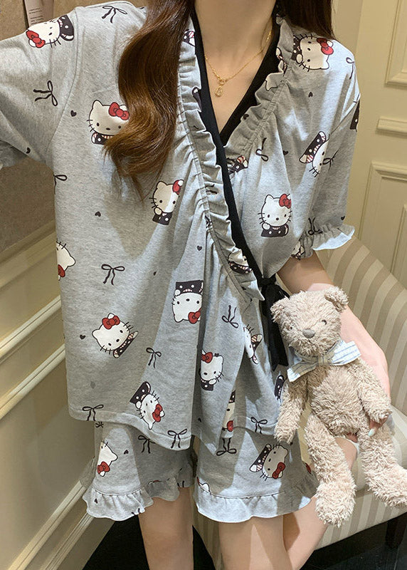 Ruffled Green Patchwork Tie Waist Pajama Sets