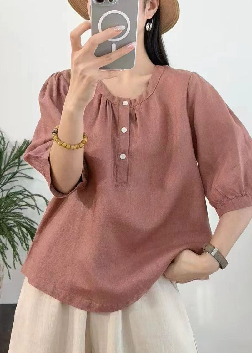Rust Red Linen Shirt Tops O-Neck Oversized Summer