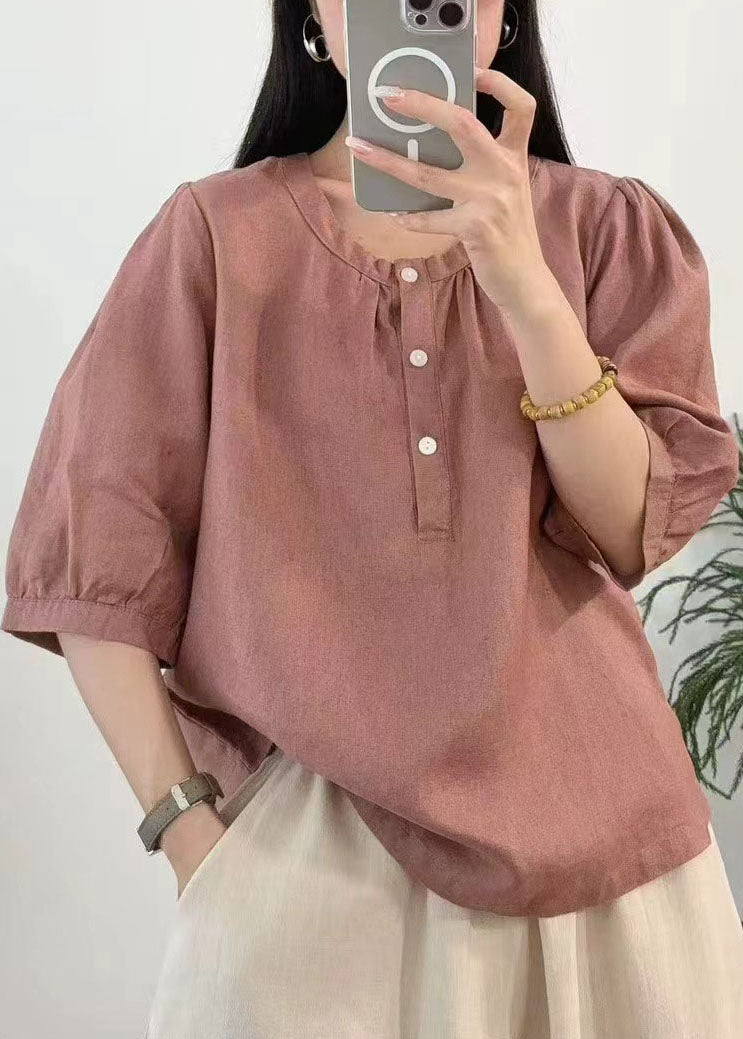 Rust Red Linen Shirt Tops O-Neck Oversized Summer