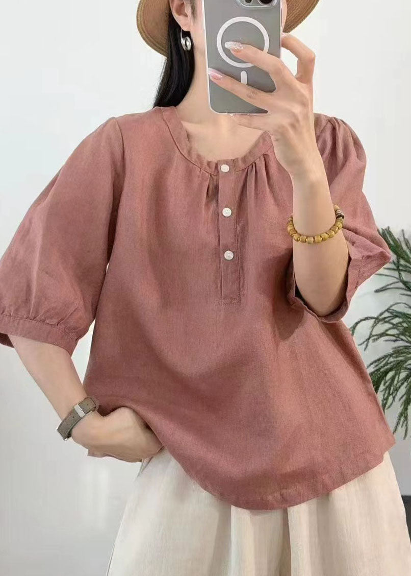 Rust Red Linen Shirt Tops O-Neck Oversized Summer