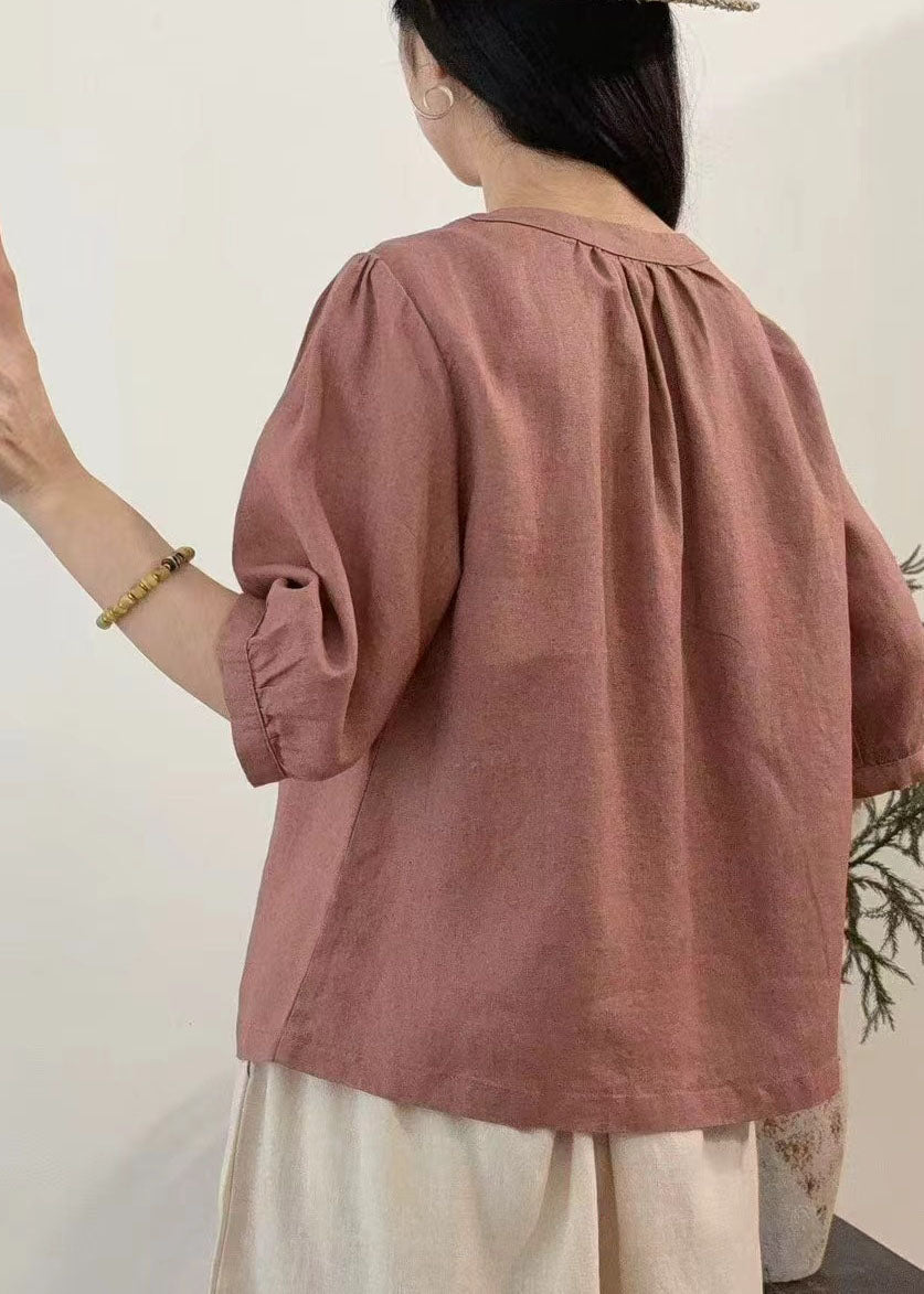 Rust Red Linen Shirt Tops O-Neck Oversized Summer