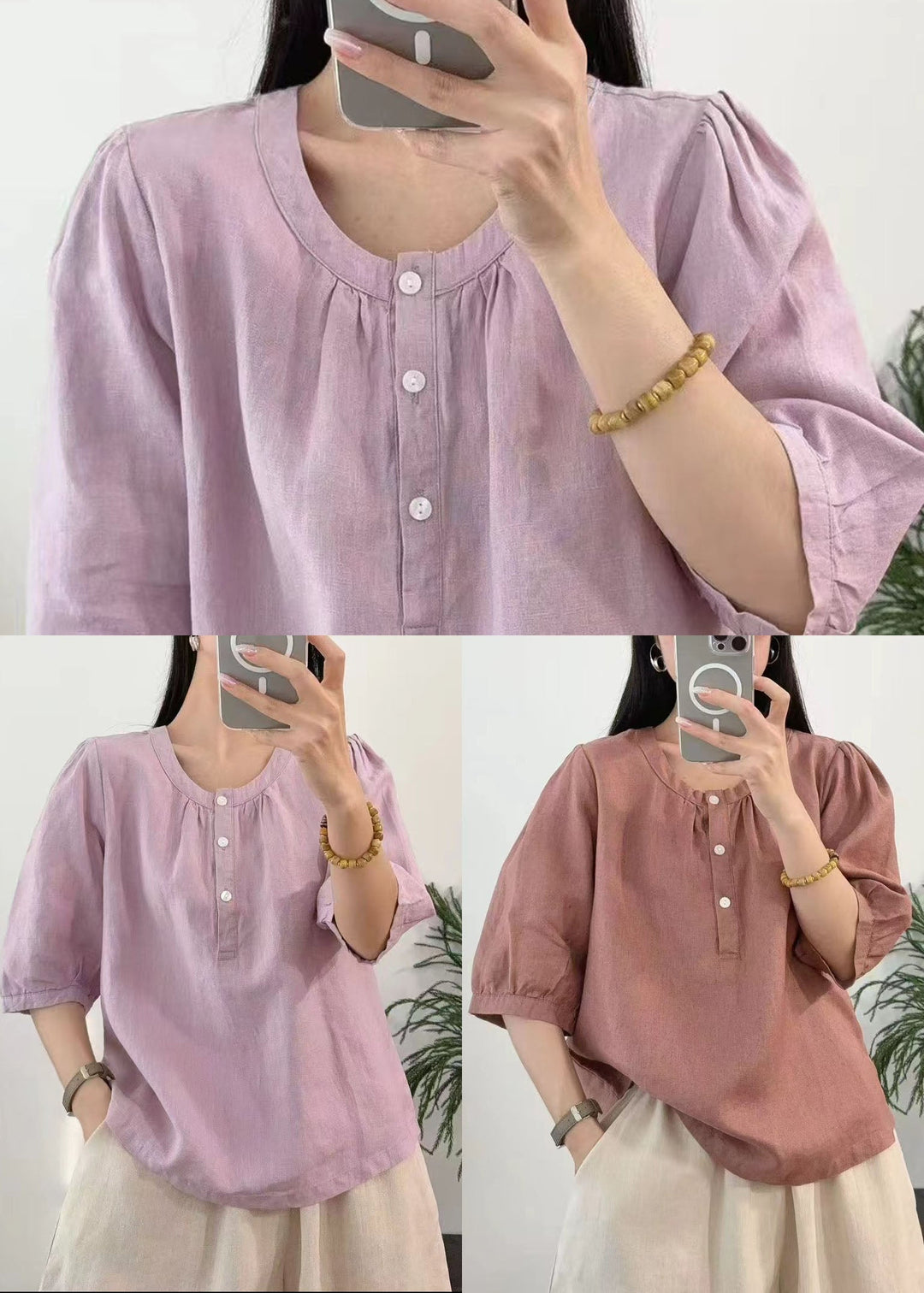 Rust Red Linen Shirt Tops O-Neck Oversized Summer