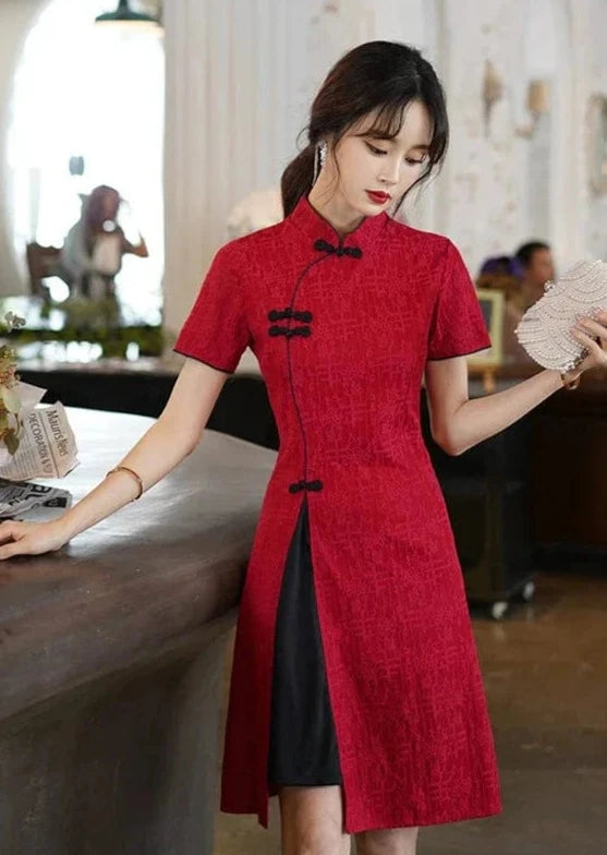 Summer Basic Red-black Accent Cheongsam Dress