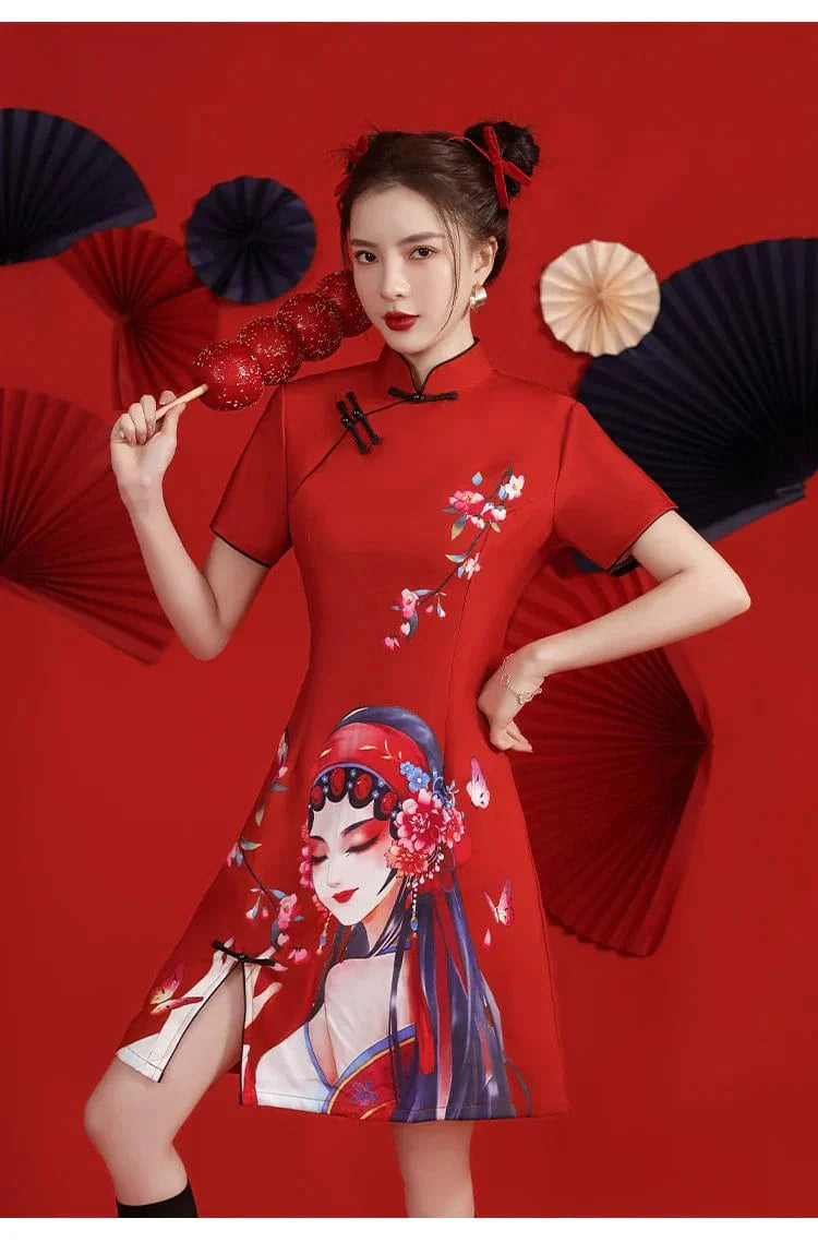 Casual Red Elegant Beauty Cheongsam Dress Short Sleeve