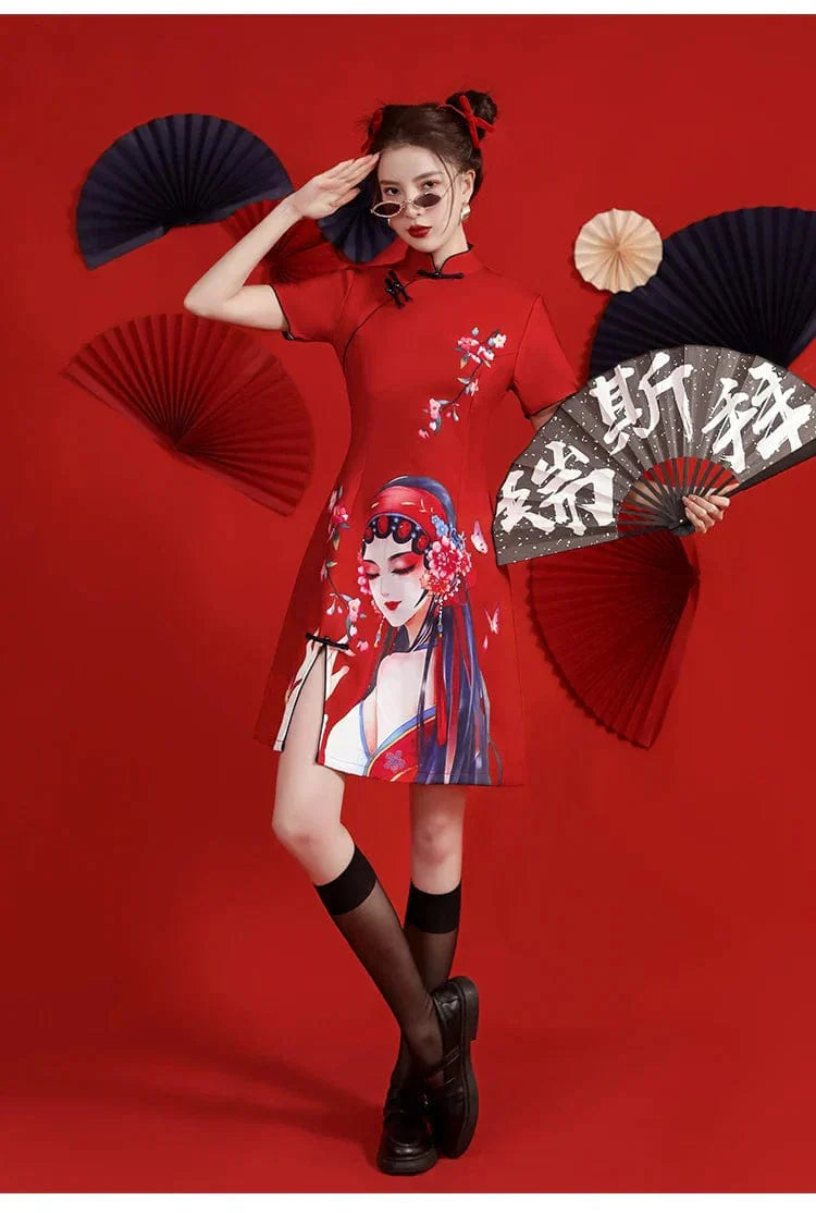 Casual Red Elegant Beauty Cheongsam Dress Short Sleeve