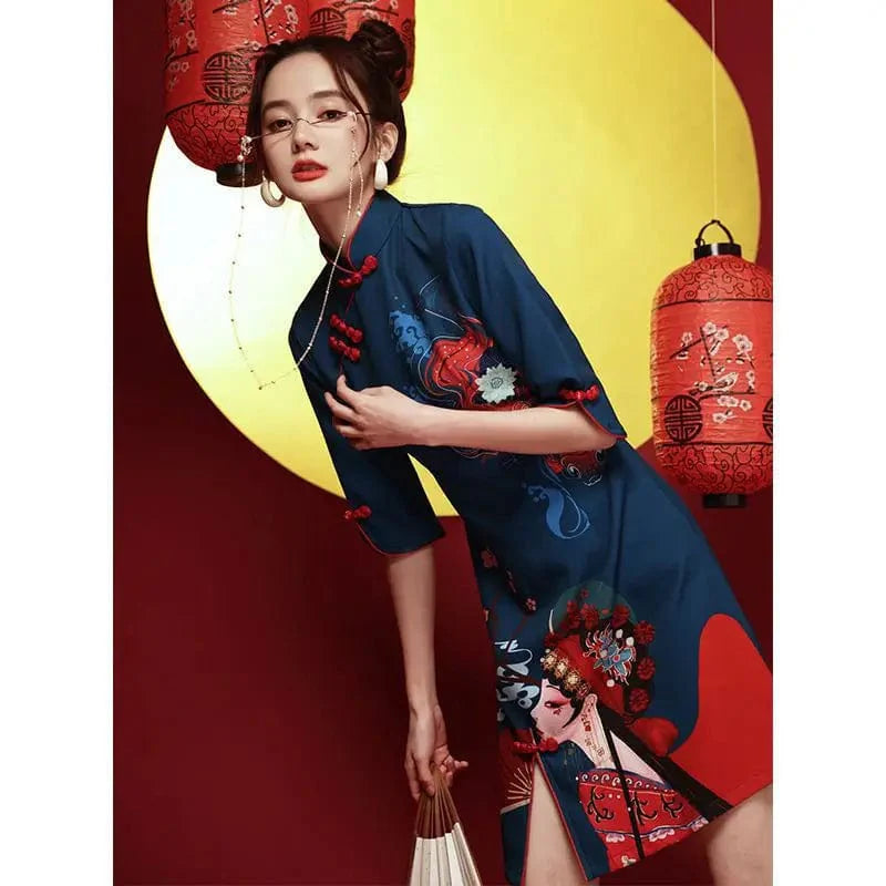 Ocean Blue Opera Print Cheongsam Dress Half Sleeve