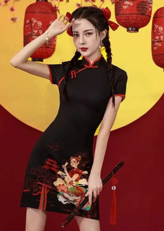 Black Midnight Sky Anime Girl Print Cheongsam Dress