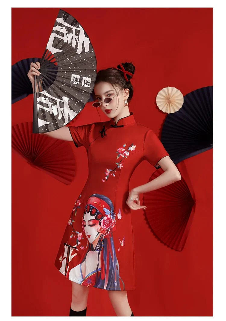 Casual Red Elegant Beauty Cheongsam Dress Short Sleeve