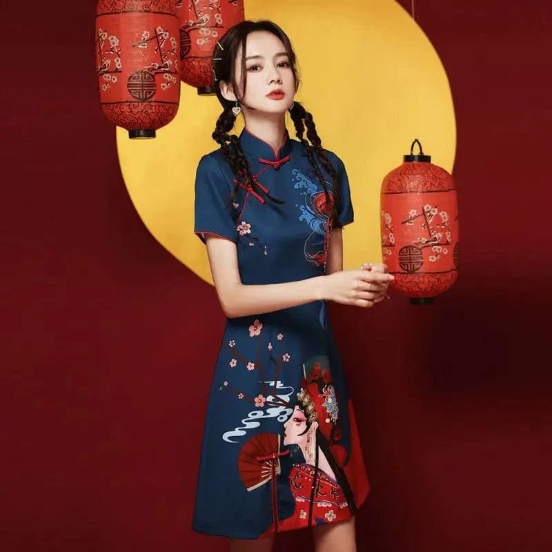 Navy Blue Sakura Print Cheongsam Dress