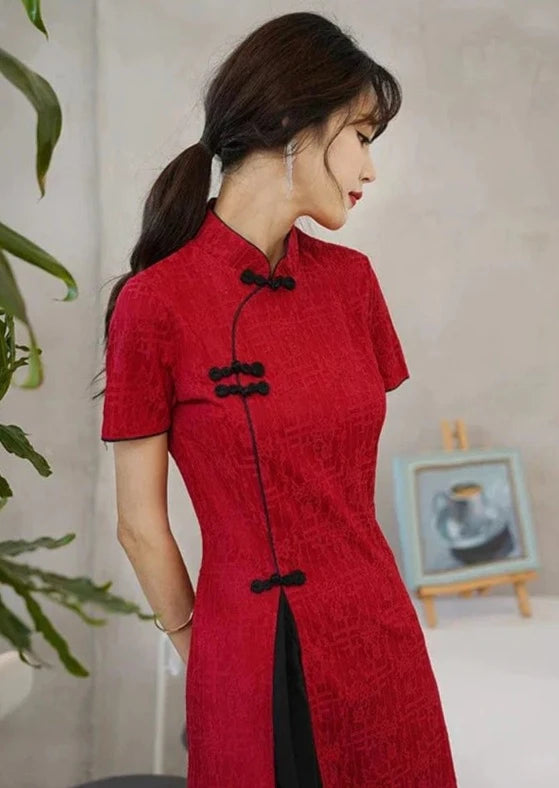 Summer Basic Red-black Accent Cheongsam Dress