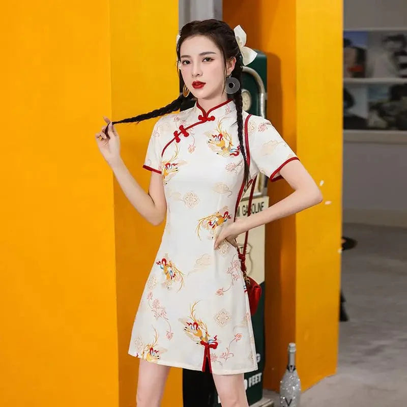 Apricot Flying Deity Cheongsam Dress Short Sleeve