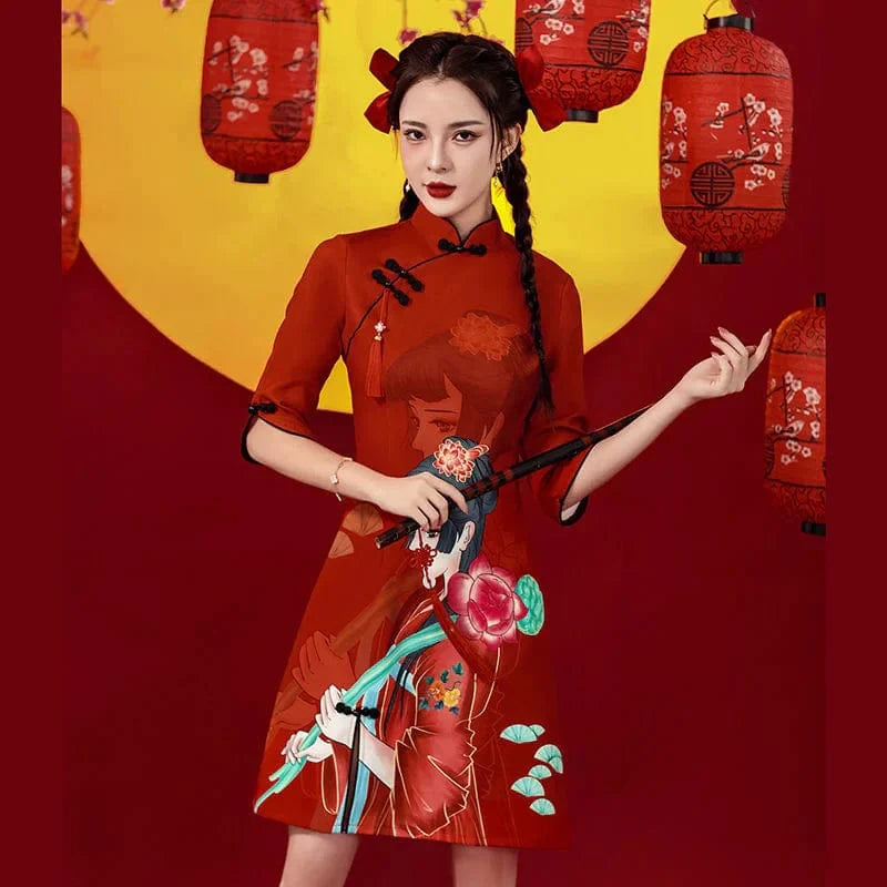 Ancient Flower Girl Print Cheongsam Dress Half Sleeve