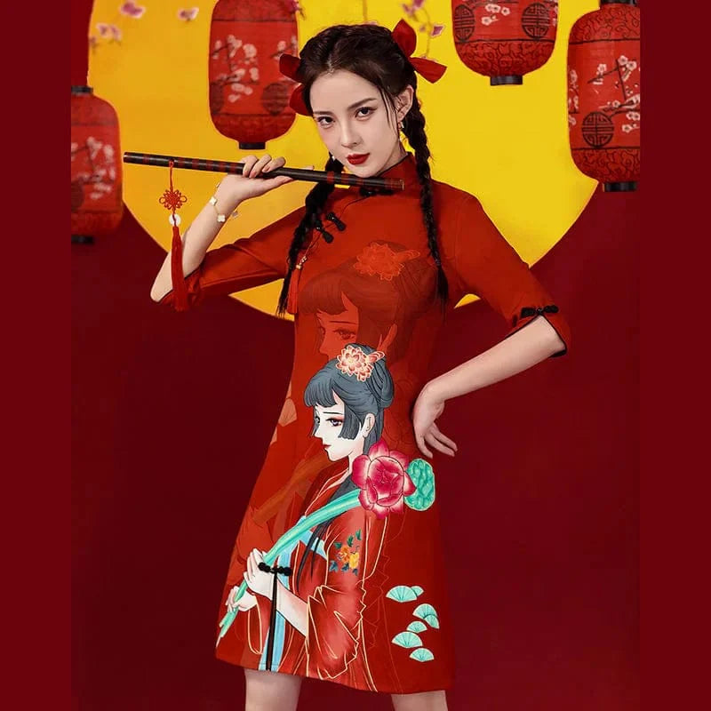 Ancient Flower Girl Print Cheongsam Dress Half Sleeve