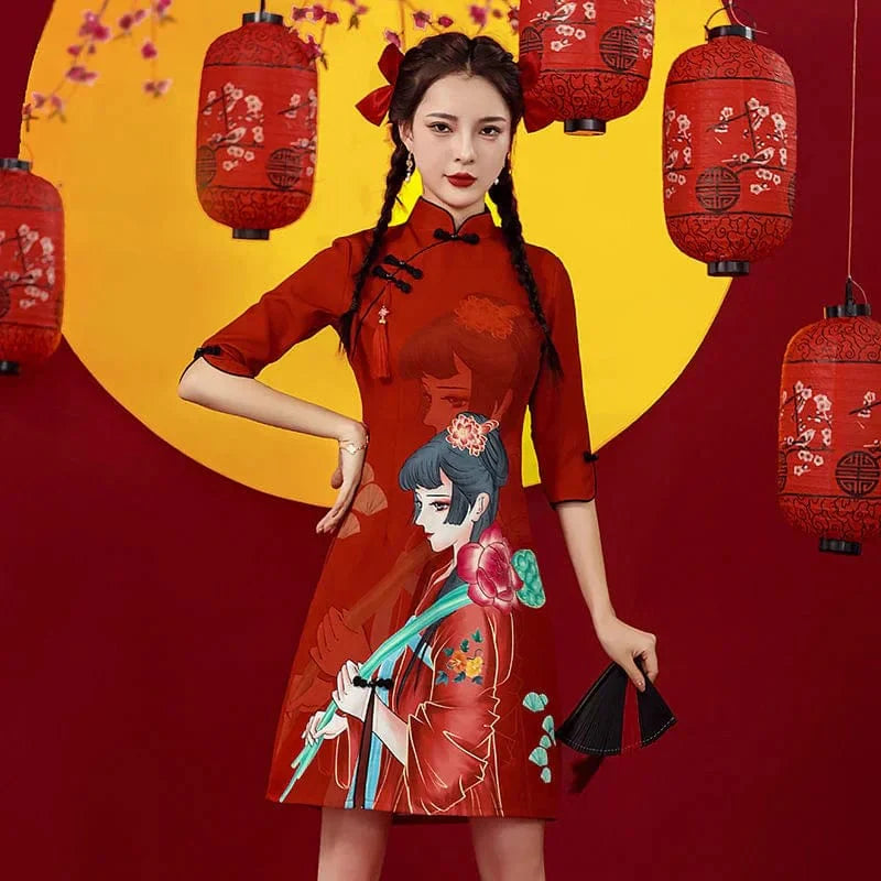 Ancient Flower Girl Print Cheongsam Dress Half Sleeve