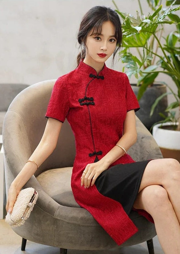 Summer Basic Red-black Accent Cheongsam Dress