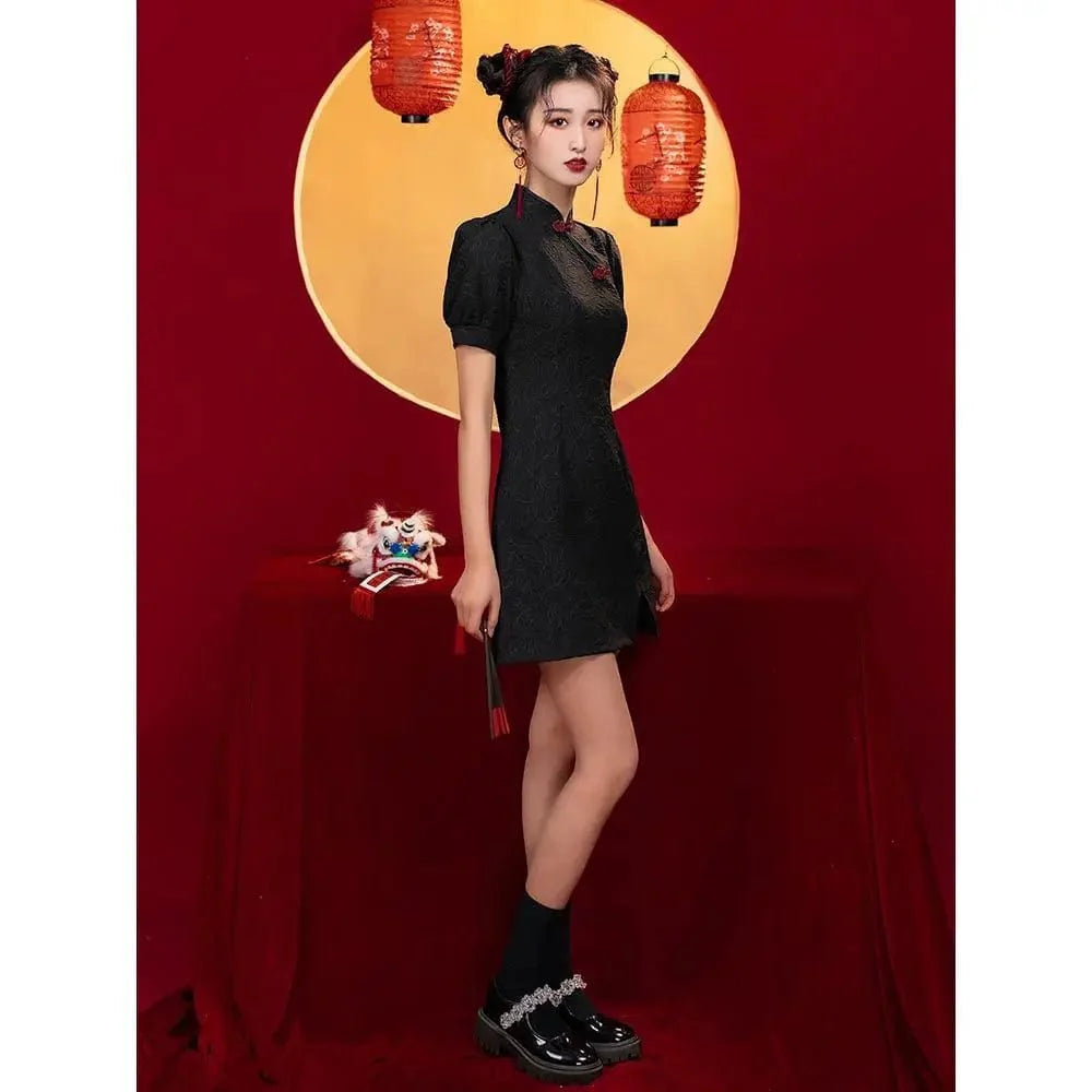 Silhouette Dark Floral Print Cheongsam Dress