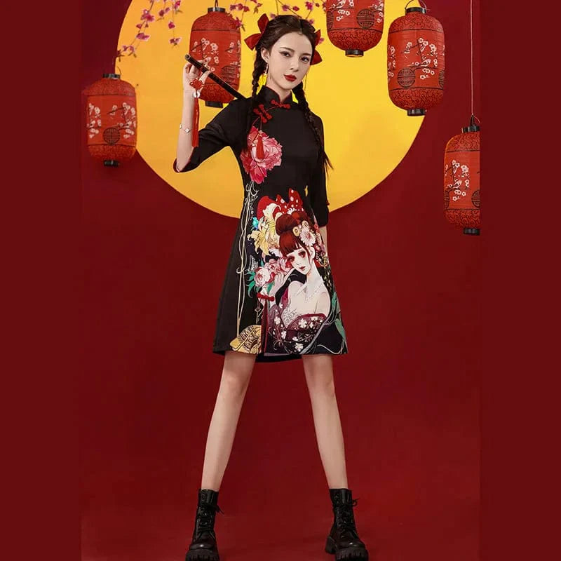 Tattoo Beauty Print Cheongsam Dress Short Sleeve