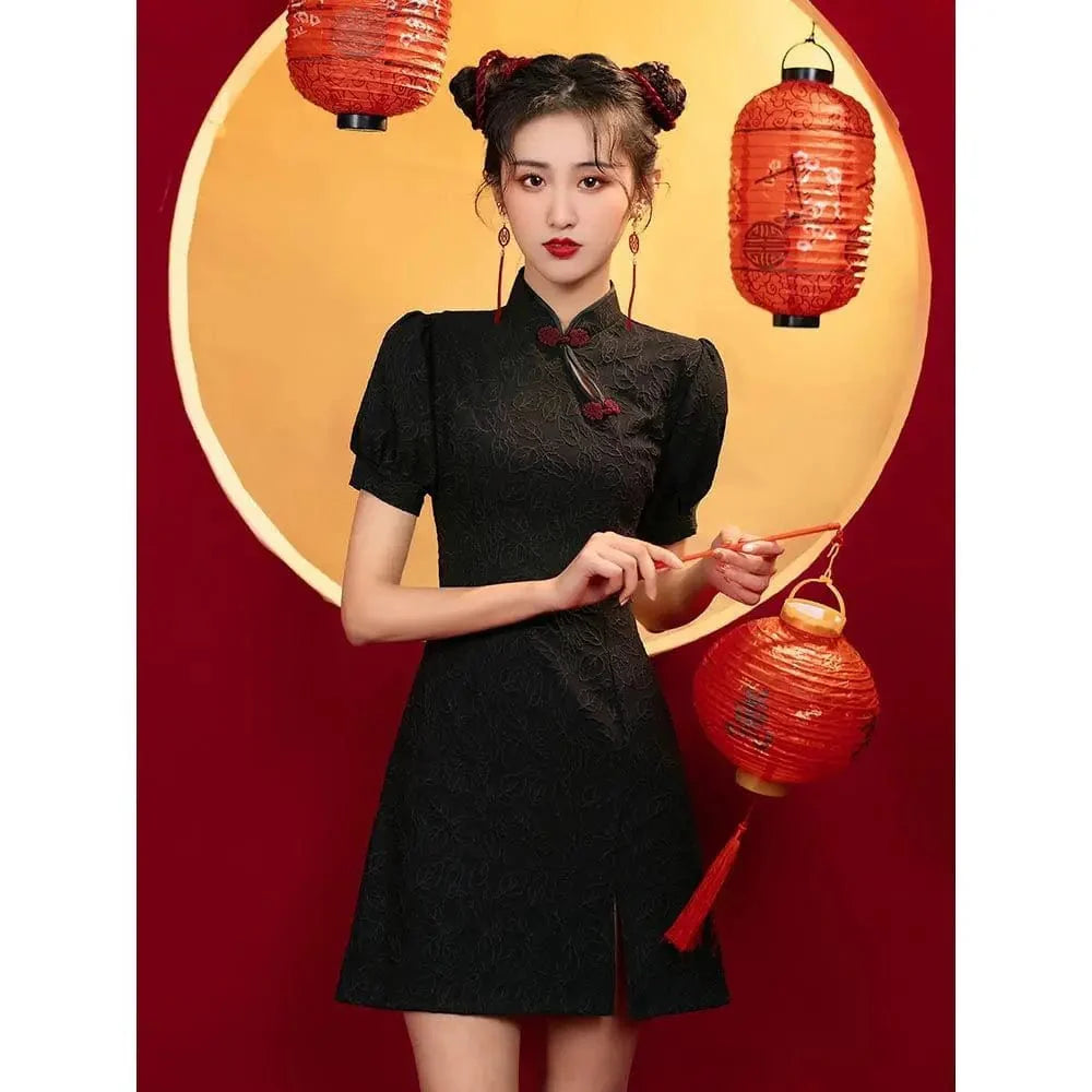 Silhouette Dark Floral Print Cheongsam Dress