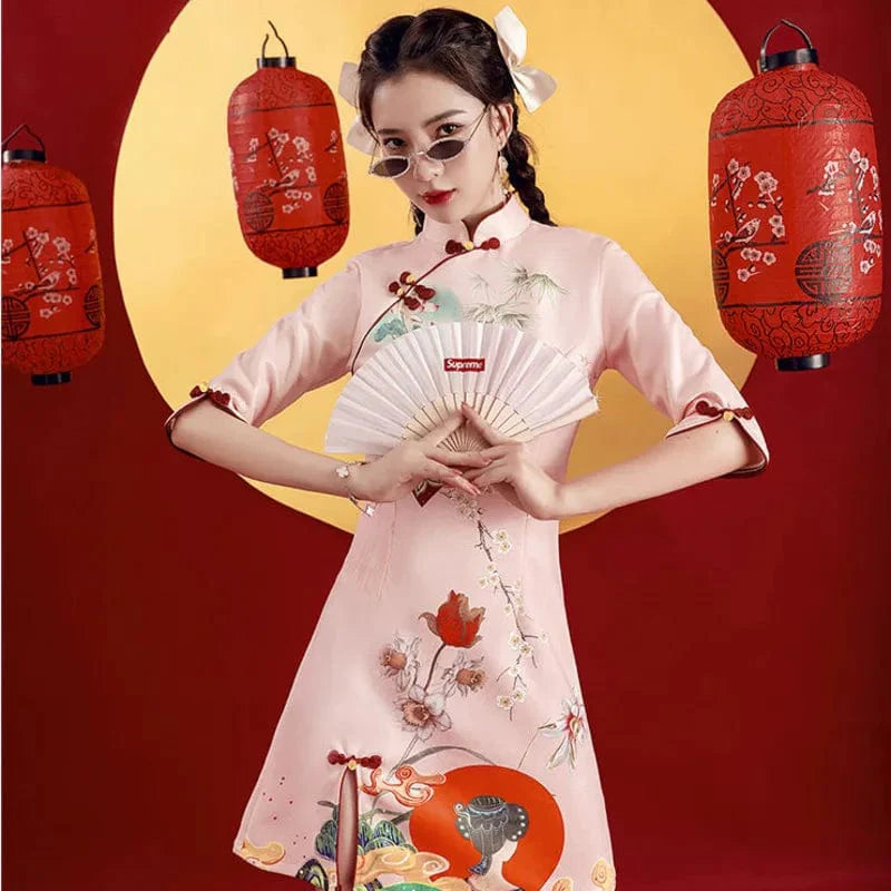 Peach Pink Floral Sunshine Print Cheongsam Dress