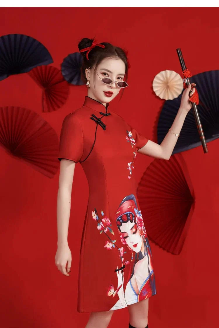 Casual Red Elegant Beauty Cheongsam Dress Short Sleeve