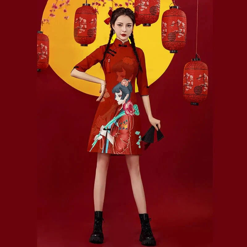Ancient Flower Girl Print Cheongsam Dress Half Sleeve