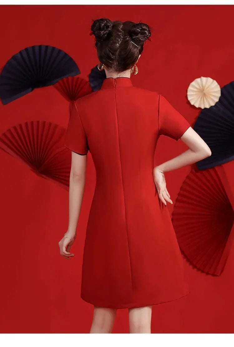 Casual Red Elegant Beauty Cheongsam Dress Short Sleeve