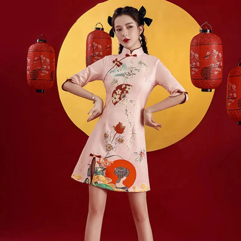 Peach Pink Floral Sunshine Print Cheongsam Dress