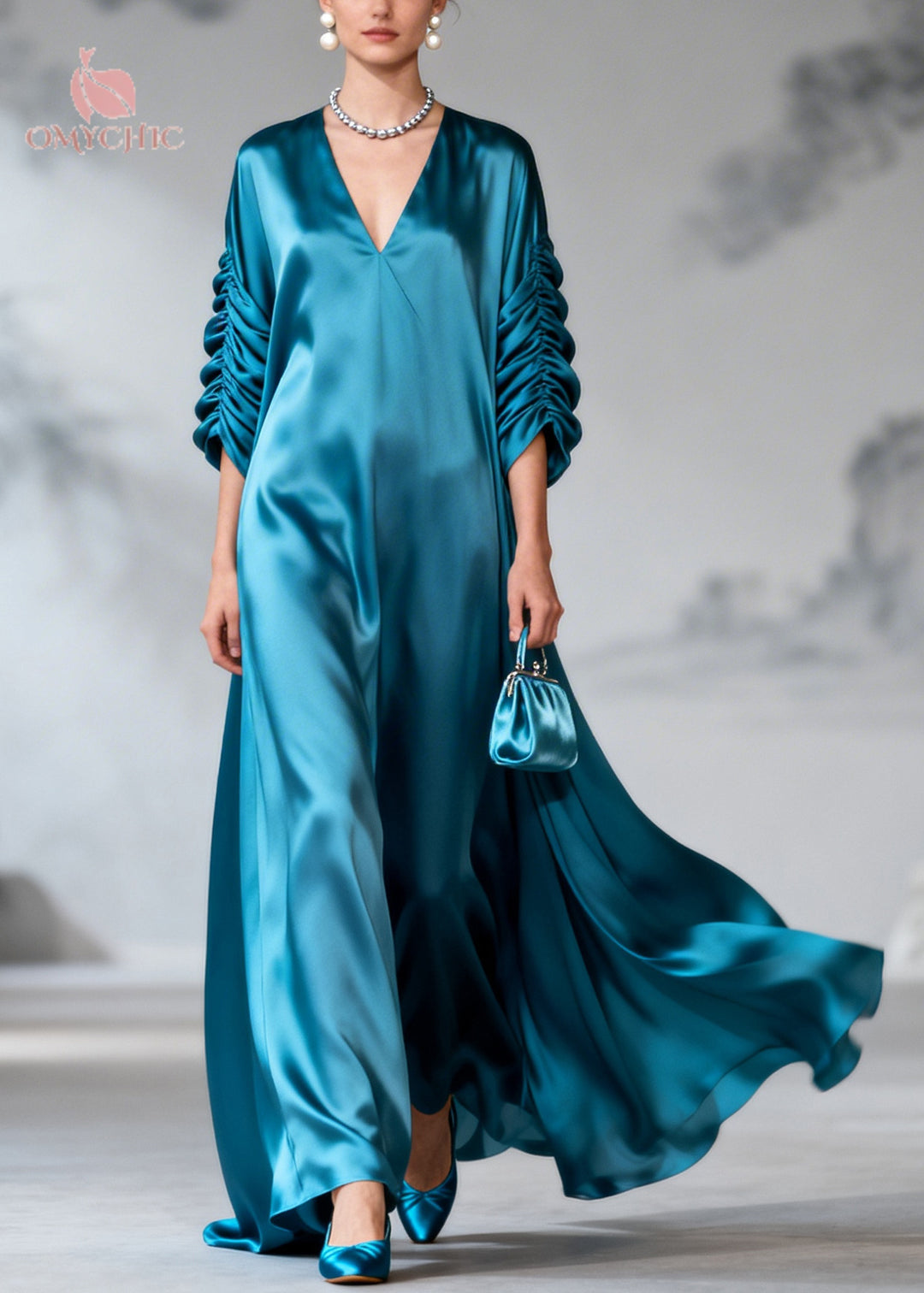 Sea Blue Draping Silk Dress Oversized Wrinkled Summer