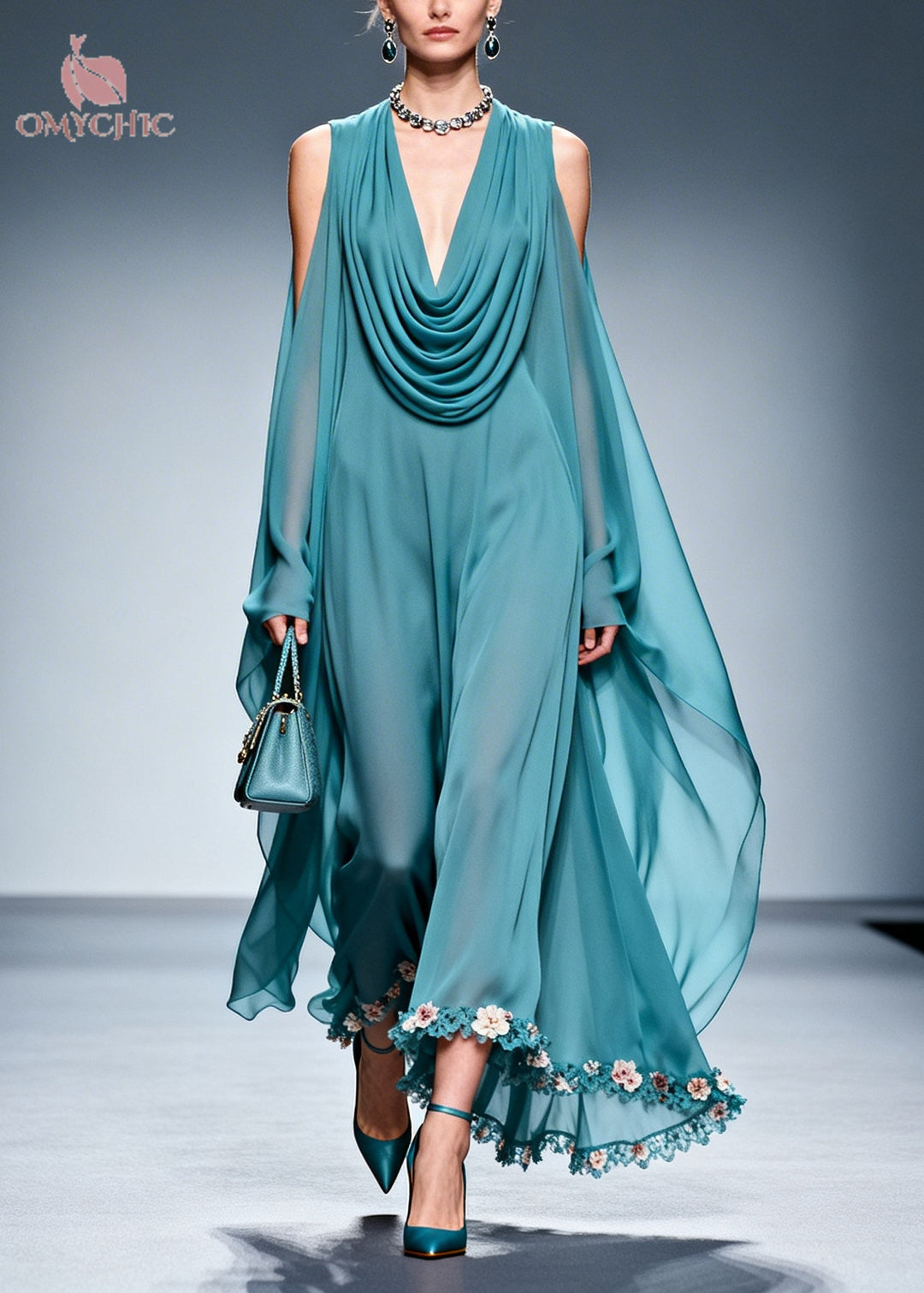 Sea Blue Patchwork Chiffon Maxi Dresses Cold Shoulder Flower Lace Summer