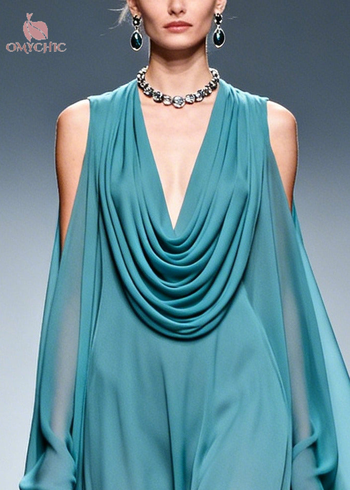 Sea Blue Patchwork Chiffon Maxi Dresses Cold Shoulder Flower Lace Summer