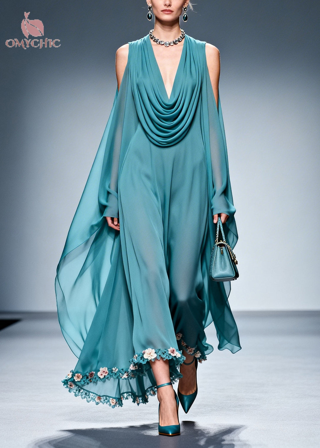 Sea Blue Patchwork Chiffon Maxi Dresses Cold Shoulder Flower Lace Summer