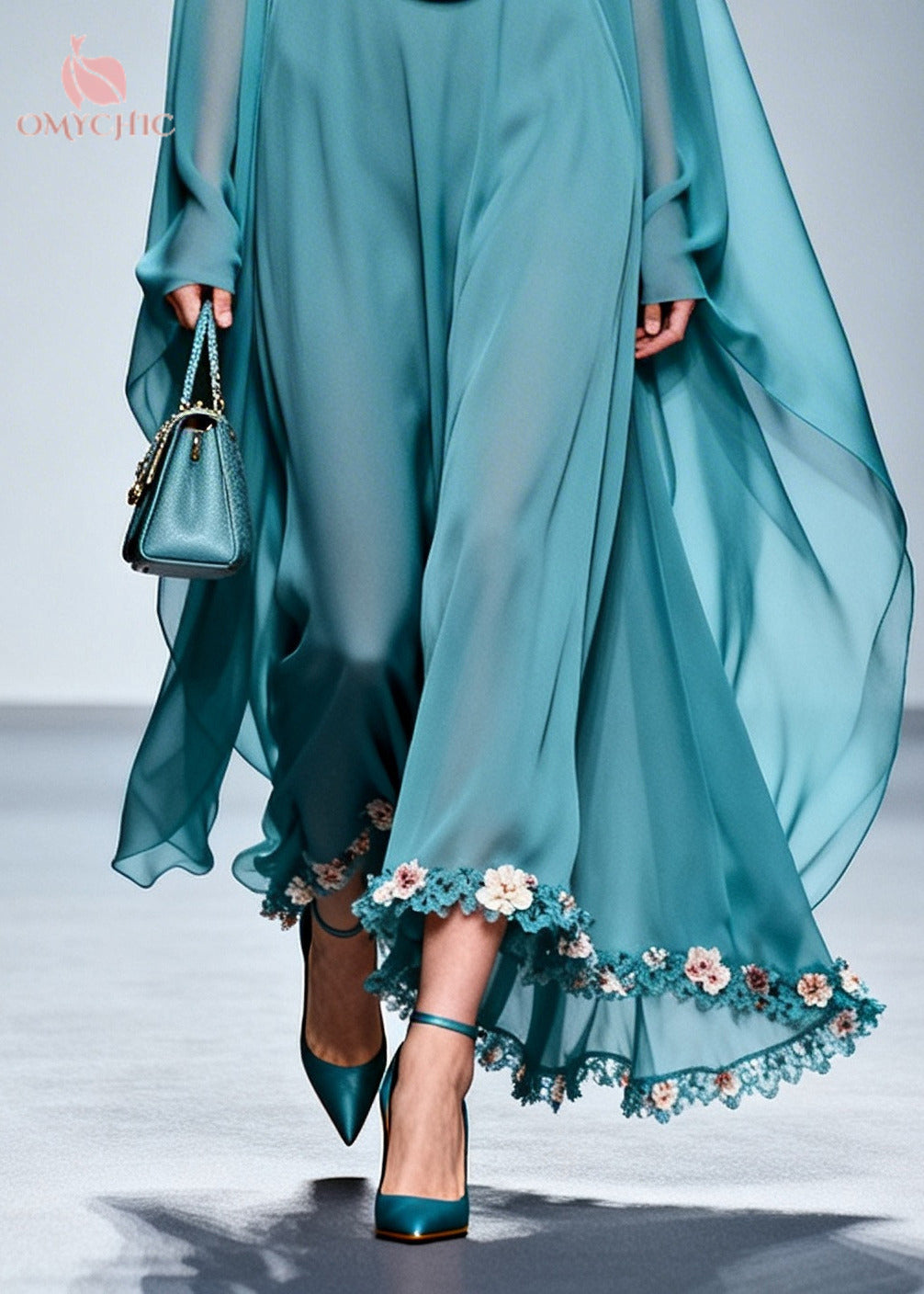 Sea Blue Patchwork Chiffon Maxi Dresses Cold Shoulder Flower Lace Summer