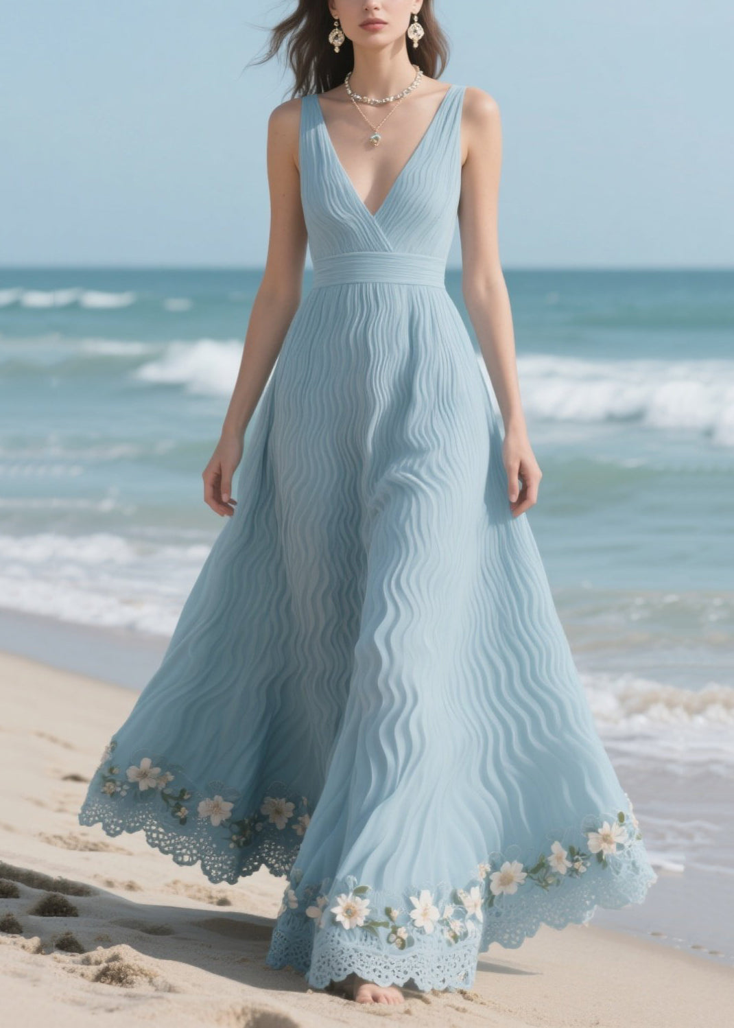 Sea Blue Patchwork Flower Decorated Wrinkled Chiffon Dress Summer