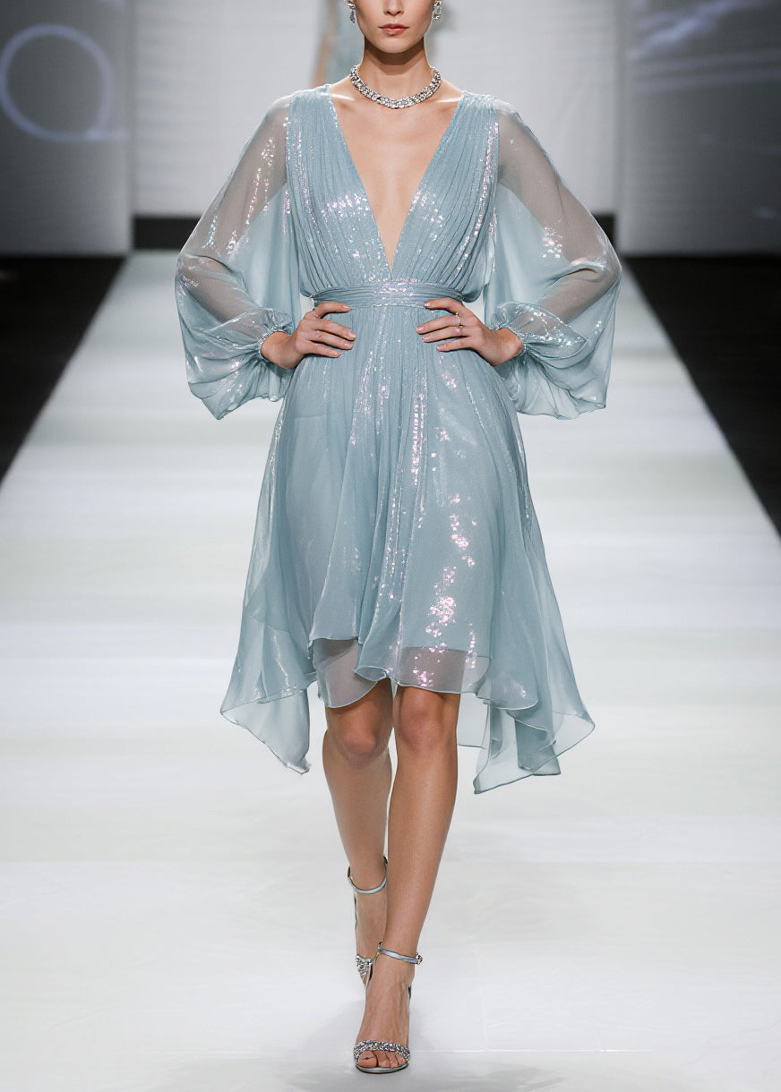 Sea Blue Tulle Mini Dresses Sequins Sheer Summer