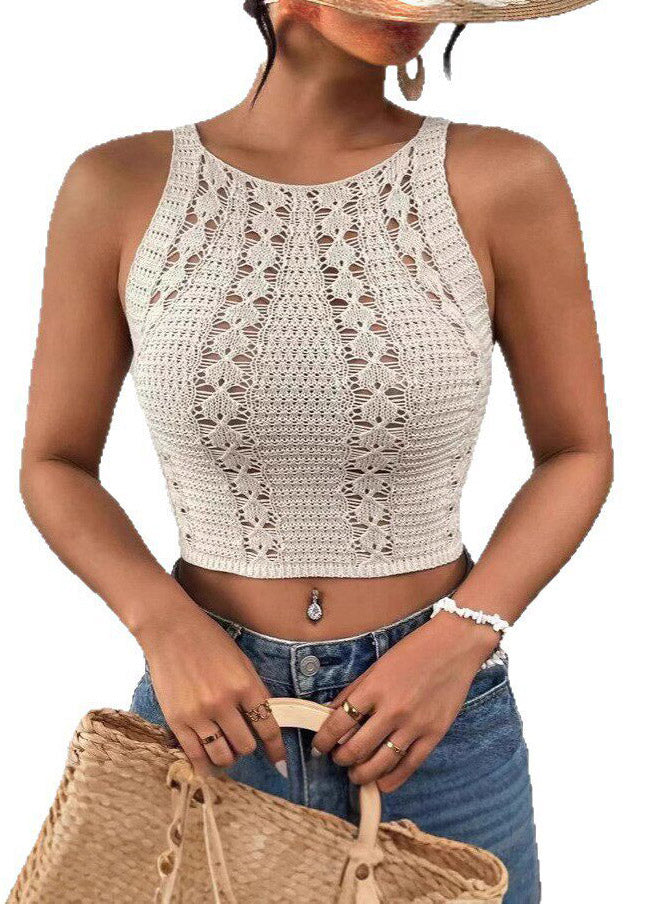 Sex Beige O-Neck Hollow Out Knit Vest Summer