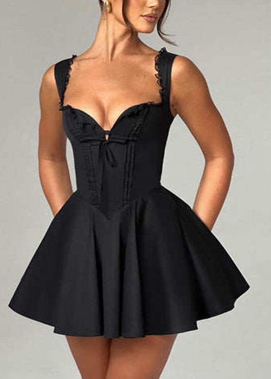 Sex Black Bustier Top Lace Patchwork Mid Spaghetti Strap Dresses Sleeveless