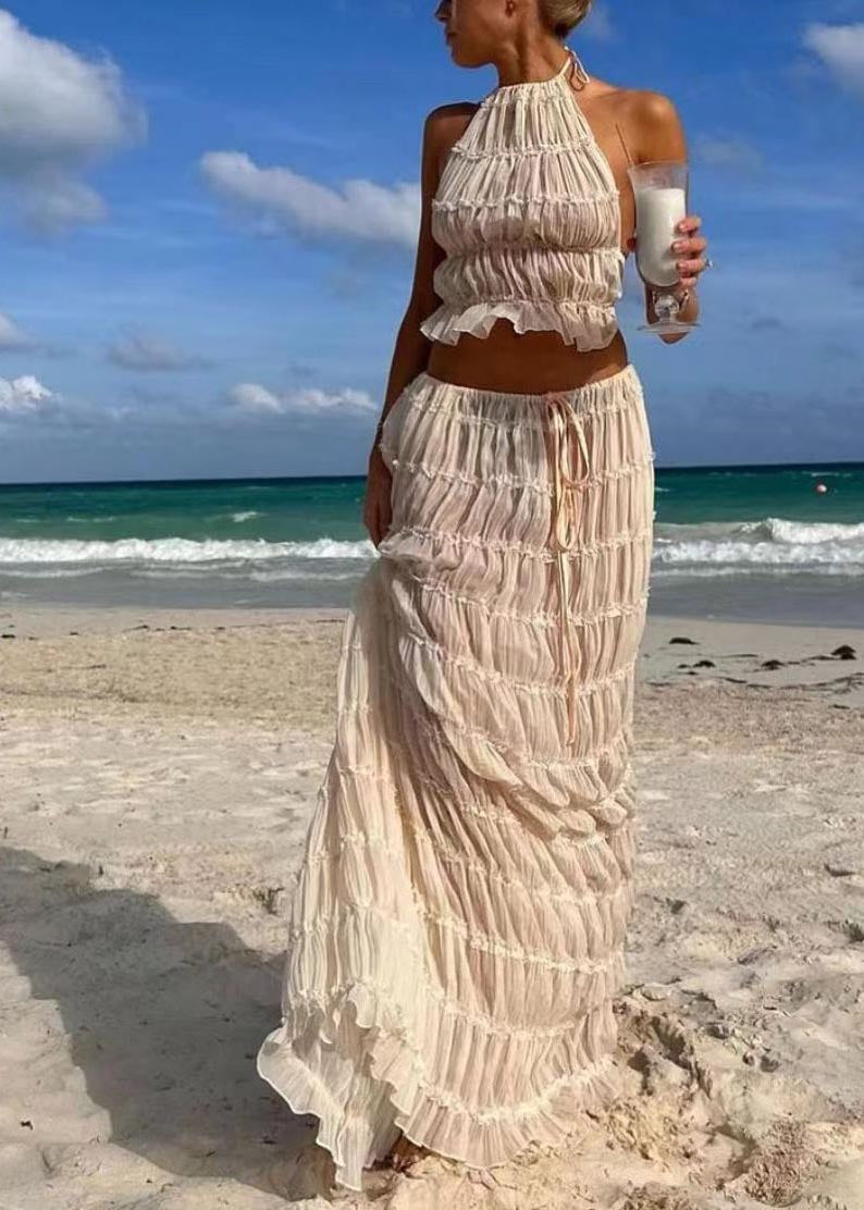 Sexy Apricot Backless Wrinkled Halter Two Piece Set