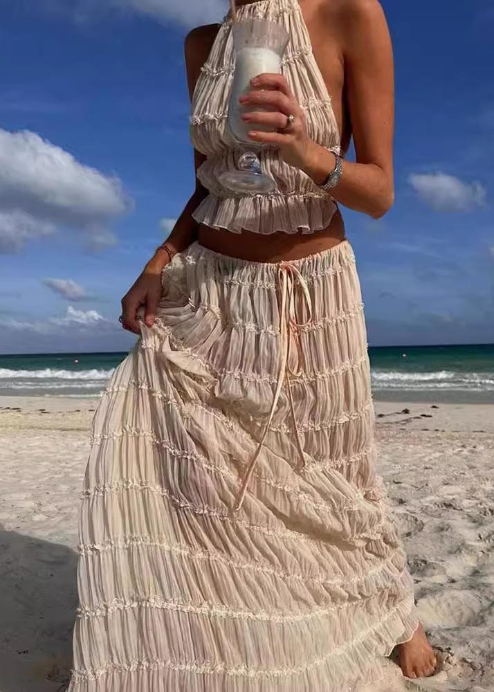 Sexy Apricot Backless Wrinkled Halter Two Piece Set