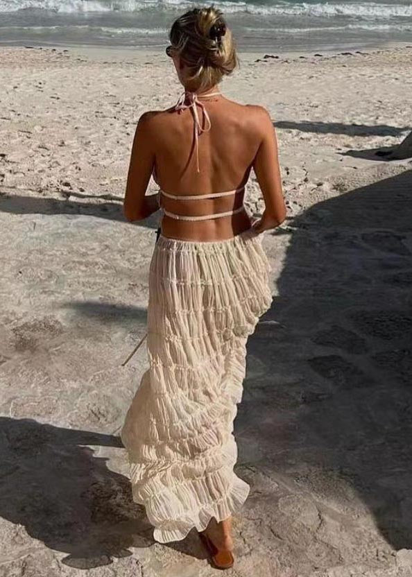 Sexy Apricot Backless Wrinkled Halter Two Piece Set