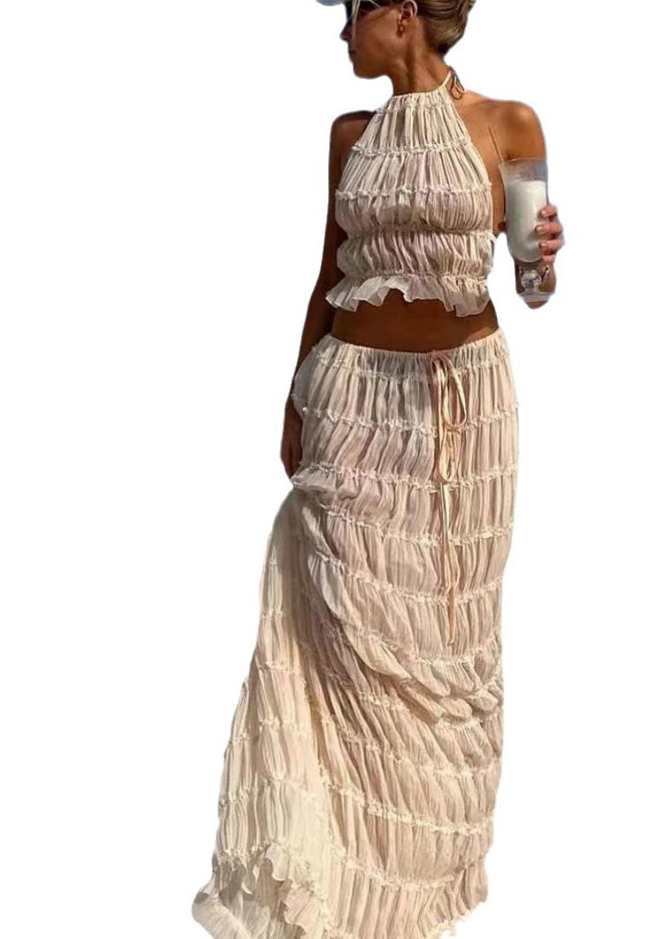 Sexy Apricot Backless Wrinkled Halter Two Piece Set