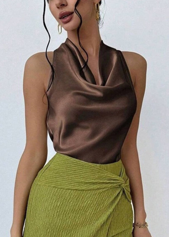 Sexy Apricot Patchwork Satin T Shirt Sleeveless