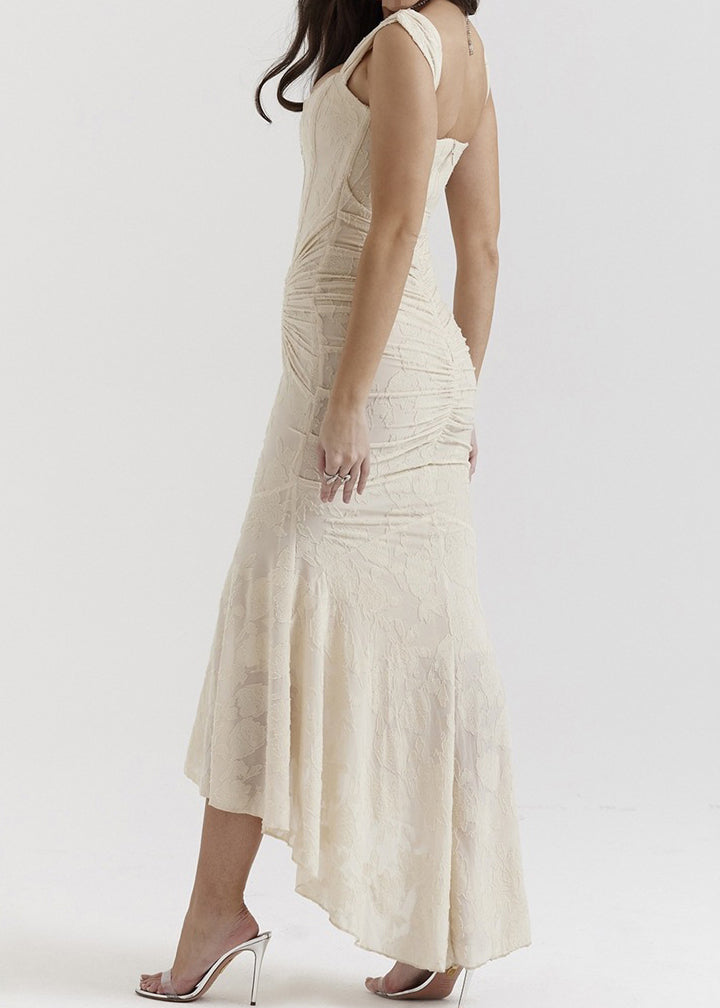 Sexy Apricot Square Collar Wrinkled Cotton Summer Fish Tail Dress