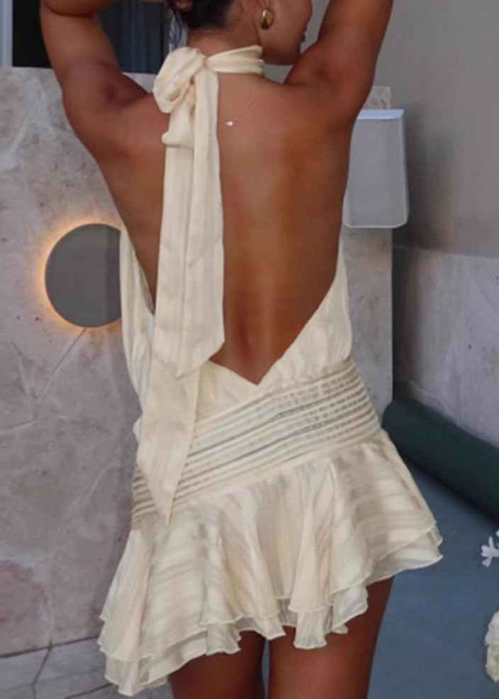 Sexy Beige Backless Patchwork Silk Dress Sleeveless