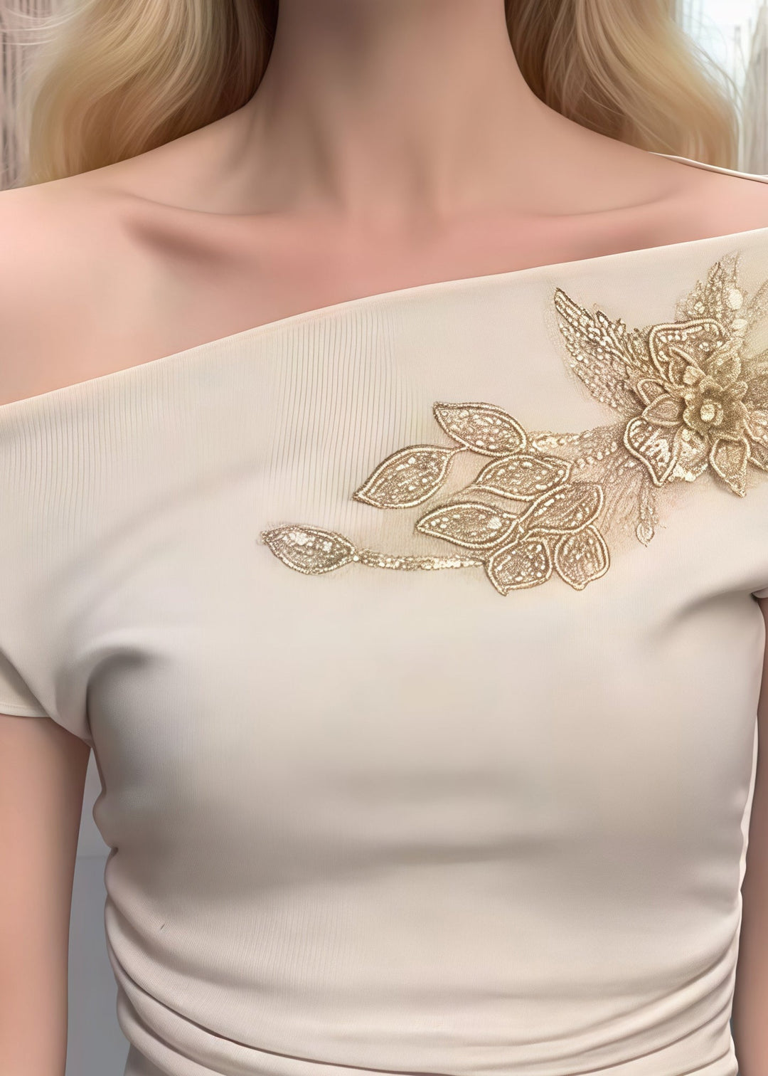 Sexy Beige Embroideried Cotton One Shoulder Tops Summer