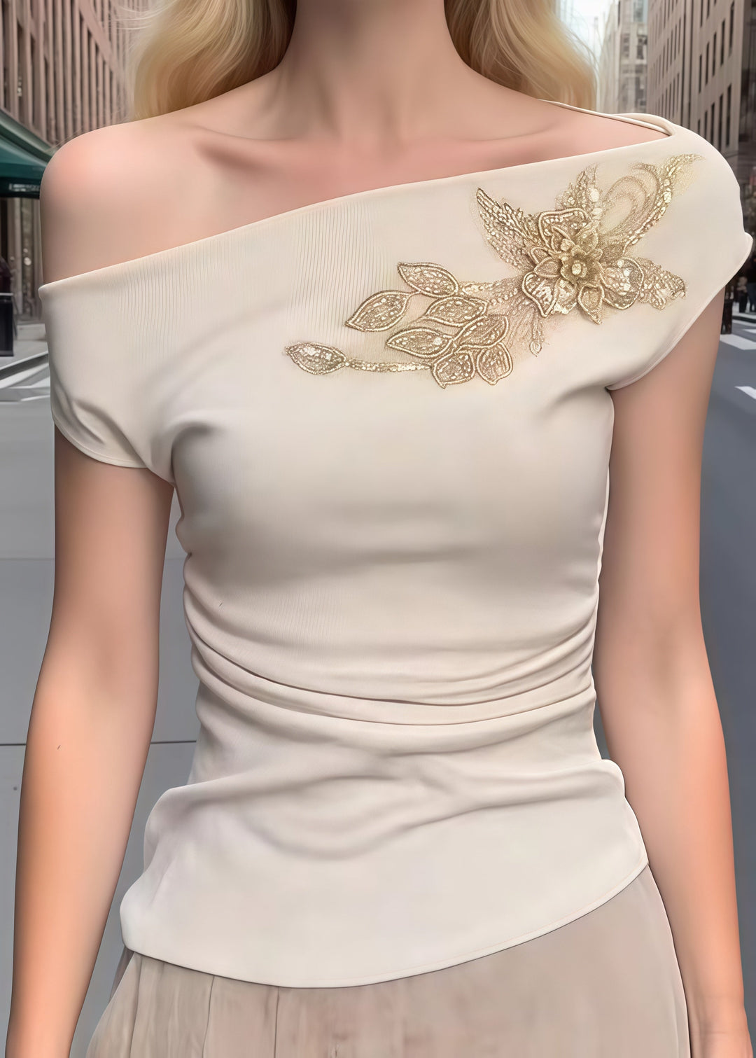 Sexy Beige Embroideried Cotton One Shoulder Tops Summer
